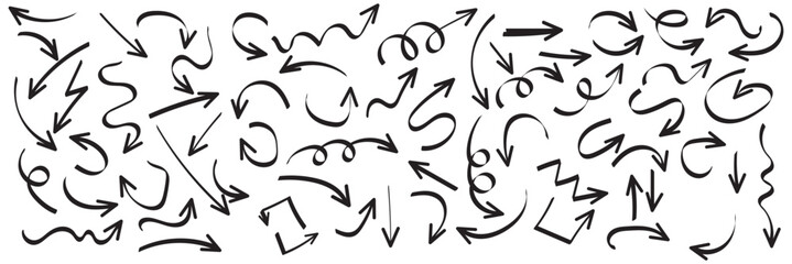 Set of simple lines hand drawn black arrows in various style. Set of simple of hand drawn black arrows. Set of simple lines hand drawn black arrows. Various of simple lines arrows collection 