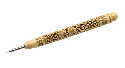 Antique ivory bodkin with ornate carving isolated on transparent background, a vintage sewing tool for needlework and embroidery with decorative design
