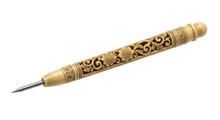 Antique ivory bodkin with ornate carving isolated on transparent background, a vintage sewing tool for needlework and embroidery with decorative design