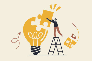 
Solve business problem with creativity, finishing or complete brilliant idea, work solution or business idea concept, smart businessman assemble last piece of jigsaw to complete lightbulb idea puzzle