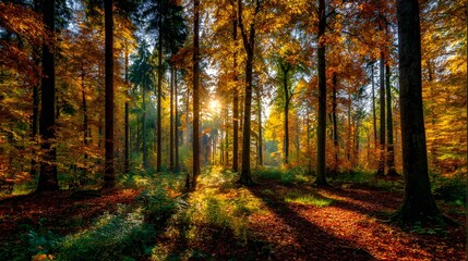 Obraz premium Golden sunlight streams through a dense autumn forest, illuminating the colorful foliage and creating a warm, inviting atmosphere.