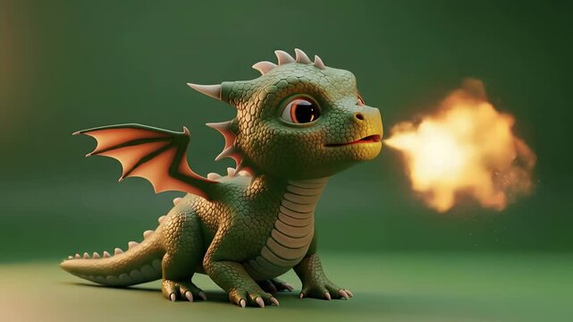 Adorable Cartoon Dragon Breathing Fire with Sparkles in Whimsical Setting