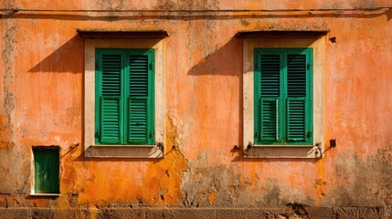 Two windows with emerald green shutters on a weathered orange wall.