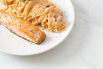 grilled salmon with spaghetti creamy tomato sauce