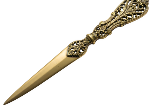 Vintage golden letter opener with ornate handle isolated on transparent background, a classic tool for opening mail and correspondence with elegance