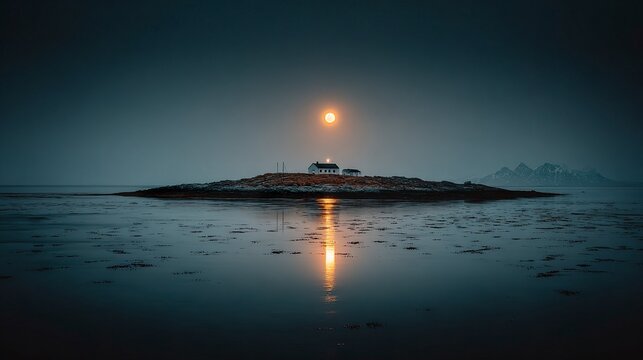 Serene winter night on a small island with snow-covered terrain, calm water, and a luminous full moon overhead  