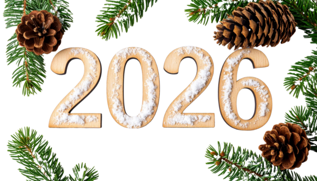 Transparent Background Festive Wooden Year Numbers with Snow and Evergreen Branches,