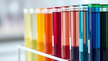 Colorful test tubes arranged in a holder, featuring a soft bokeh background under even studio lighting.