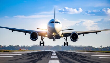 Obraz premium Airplane landing on runway at sunset (1)