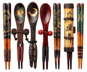 An assortment of decorative asian chopsticks and spoons