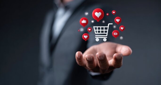 Businessperson's hand holds a shopping cart icon, surrounded by social media icons - Powered by Adobe