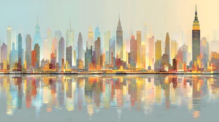 Obraz premium Vibrant cityscape of a modern metropolis reflected in a tranquil body of water, showcasing a colorful palette of buildings and illuminated windows, creating a serene and optimistic atmosphere.