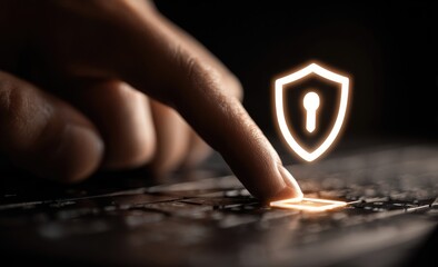 Hand touches glowing shield icon on dark surface