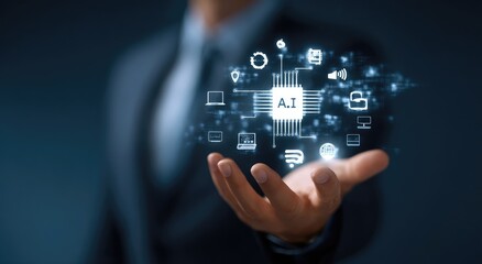 Businessperson's hand hovers over a glowing AI chip graphic with connected icons