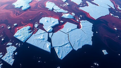 Fototapeta premium Antarctic ice shelf fracturing into geometric blue shards against warming red ocean currents.