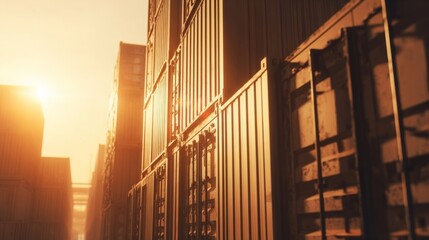 A row of neatly arranged large shipping containers with the sunset in the background,