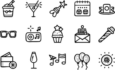 Vector collection of celebratory icons including drinks, music, calendar, and party favors in line art style