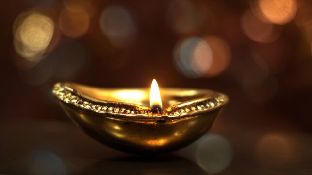 A golden Hindu festival item known as diya or deepa with a lit candle,