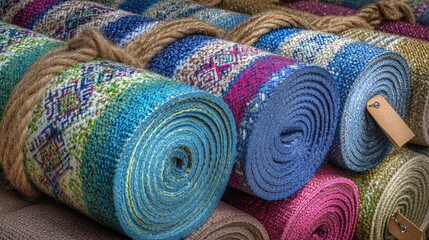 Rolled-up colorful patterned carpets or rugs.
