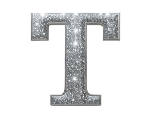 Sparkling silver letter t with diamond texture isolated on transparent background