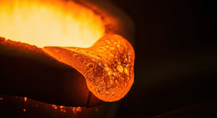Molten metal flows from furnace with glowing orange heat, bubbles form on liquid surface during intense smelting process in foundry for industrial metalworking production
