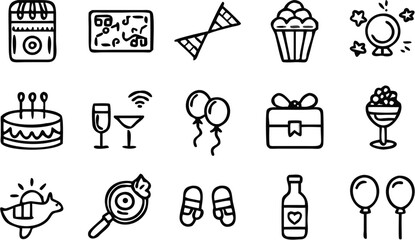 Vector collection of party themed icons including cake, champagne, balloons, gift, and other celebratory items