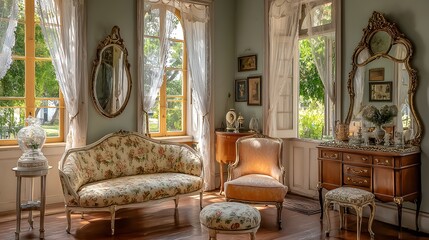 A sun-drenched antique room, filled with ornate furniture and antique mirrors, reflects the soft light of a garden setting.