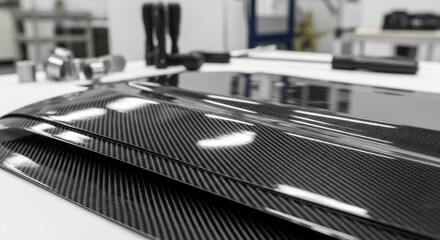 Glossy lightweight carbon fiber sheets on industrial workbench with blurred background, advanced composite material for modern manufacturing and automotive applications