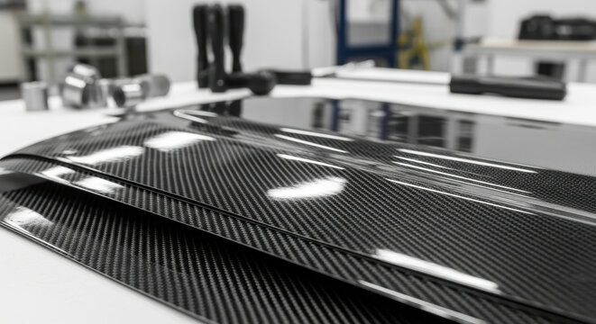 Glossy lightweight carbon fiber sheets on industrial workbench with blurred background, advanced composite material for modern manufacturing and automotive applications