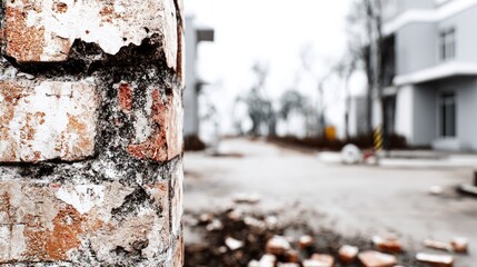 Close-up of a weathered brick wall section.