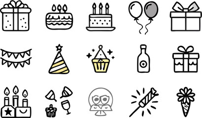 Vector illustration of birthday party icons including gifts cakes balloons bunting and party hats on white background
