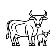 Line Art Illustration: Cow and Calf, Simple Black and White, Agricultural Theme
