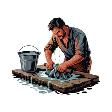 Washerman vigorously beats wet clothes on stone beside water bucket showing daily life traditional work scene