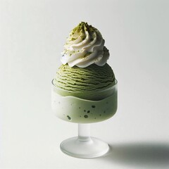 A side image of matcha ice cream with white cream topping and matcha sprinkles