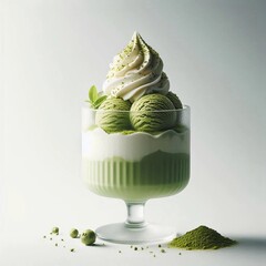 A side image of matcha ice cream with white cream topping and matcha sprinkles