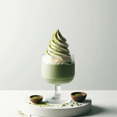 A side image of matcha ice cream with white cream topping and matcha sprinkles