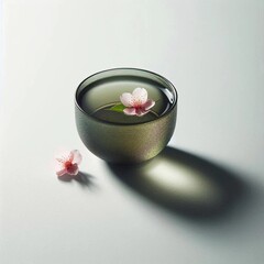 Green tea with a clear surface, topped with sakura flowers