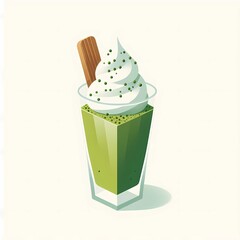 Minimalist vector design of a side view of matcha ice cream with white cream topping and matcha sprinkles