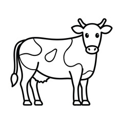 Cute Cartoon Cow, Black and White Line Art, Farm Animal Illustration, Childrens Book, Simple Design, Friendly Mood