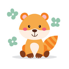 Cute orange cartoon animal with striped tail and flowers vector