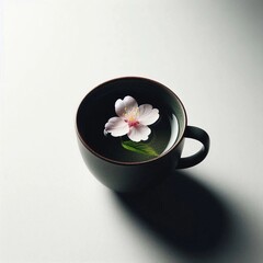 Green tea with a clear surface, topped with sakura flowers