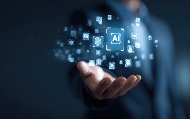 Businessperson's hand holds a holographic AI display