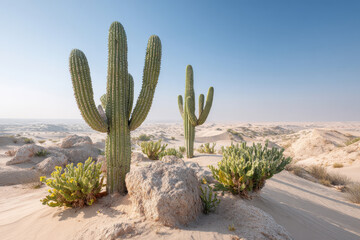 stunning summer landscape featuring desert dunes adorned with solitary cactus scene captures essence of serenity