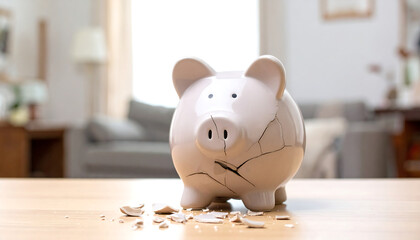A cracked white piggy bank in a house signifies financial difficulties in the family.