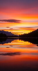Obraz premium Vibrant sunset reflecting on a tranquil lake surrounded by mountains and trees.