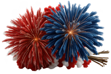 Red and blue fireworks burst against a white background