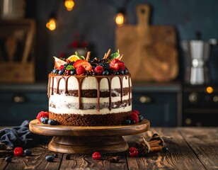 Delicious layered cake decorated with fresh berries and citrus
