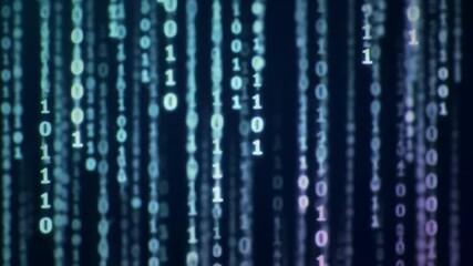 Digital rain of binary code falling down against a dark blue and black background