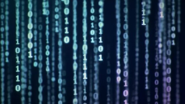 Digital rain of binary code falling down against a dark blue and black background