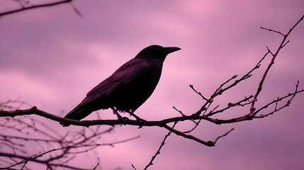 A solitary crow perches serenely on a bare branch against a dramatic, dusky lavender sky.